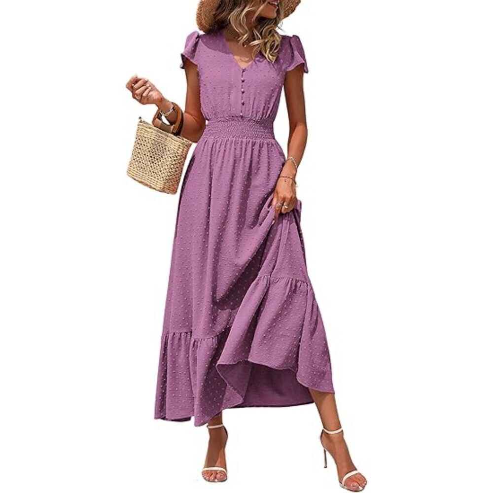 Women's Purple Polyester Blend  V Neck Short Sleeve A Line Casual Maxi Dress